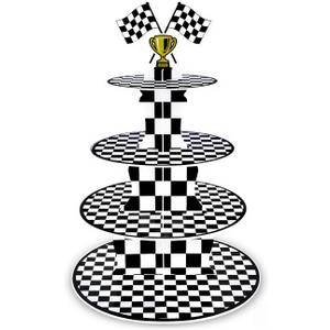AMZWKT 4-Tier Extra Large Race Car Cupcake Stand - Reusable Cardboard Dessert Tower for Racing Theme Cupcake Tower for Cars Birthday Decorations Race Car Party Supplies