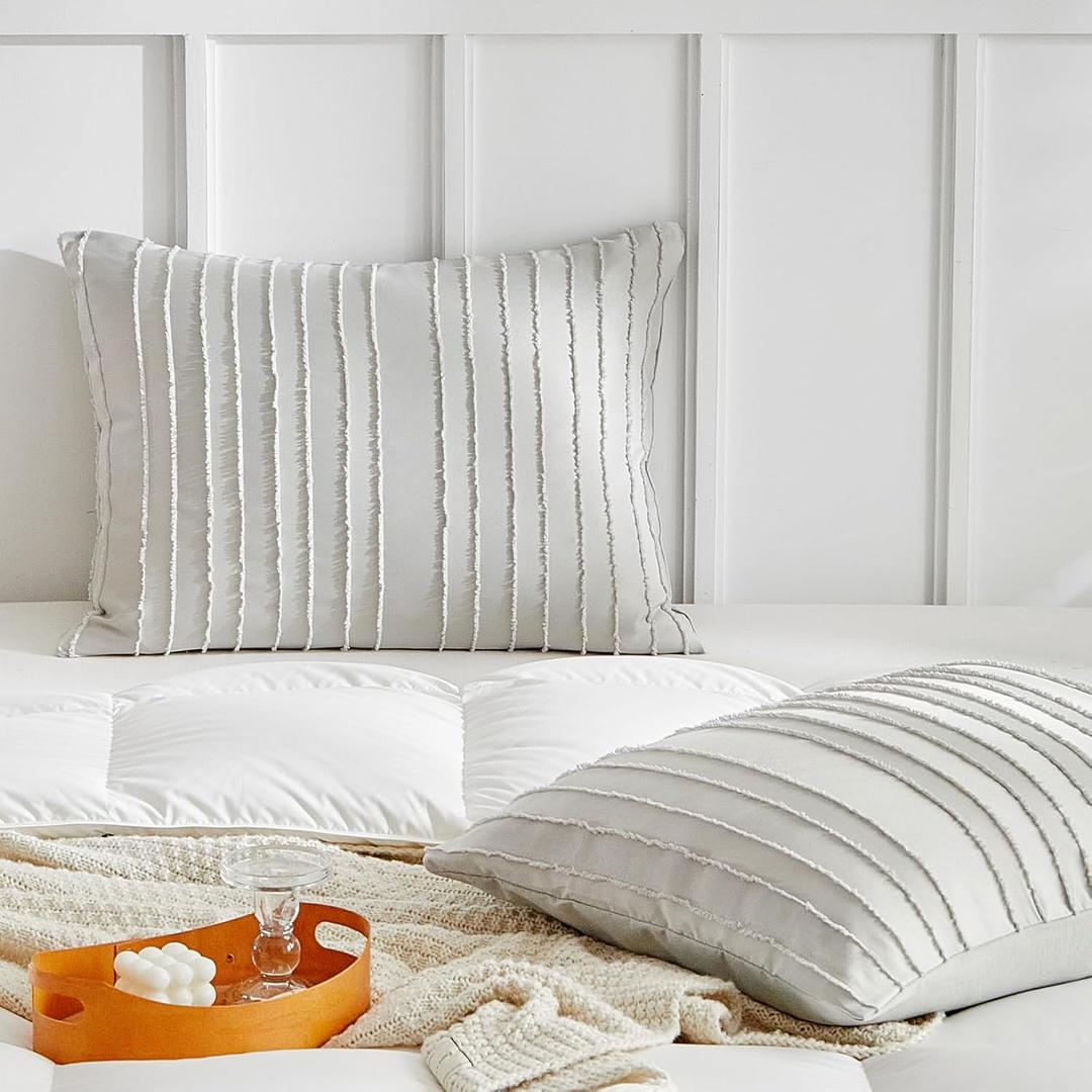 WARMDERN Light Grey Striped Pillow Covers Queen Pillow Cases Soft Microfiber Stripe Pillow Cases Set of 2 Boho Tufted Stripes Textured Pillowcase with Envelope Closure(Light Grey, Queen, 20x30 Inches)