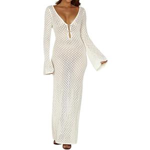 Leoparts Crochet Swimsuit Cover Up for Women Sexy V Neck Hollow Out Backless Maxi Dress Beach Bikini Coverup Dresses (Small)
