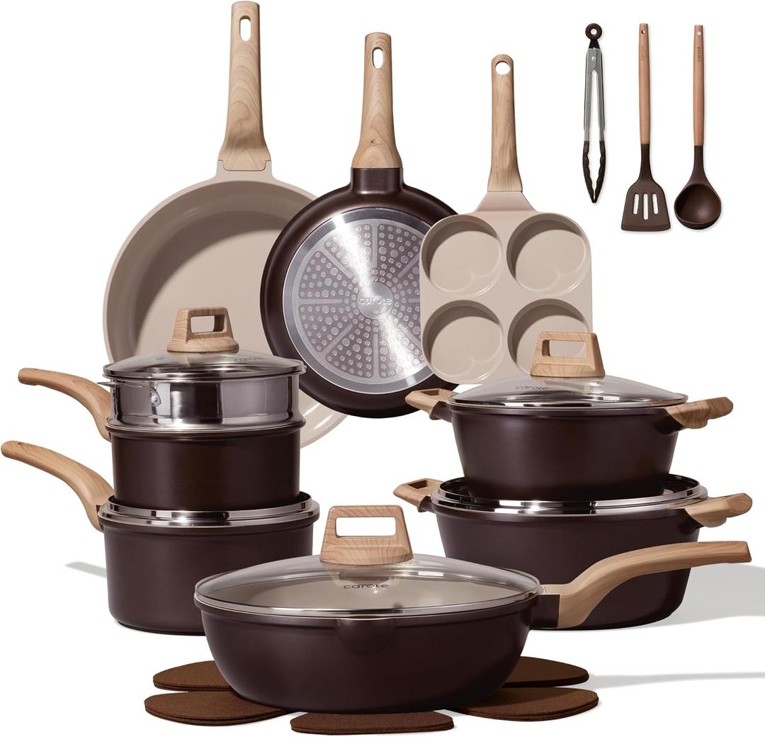 CAROTE 21 PCS Ceramic Cookware Set, Pots and Pans Set Non Stick, Pot and Pan Set with Frying Pan, Induction Ready Cooking Set for Kitchen, PFOS/PFOA/PFAS Free, Brown, 21 Piece