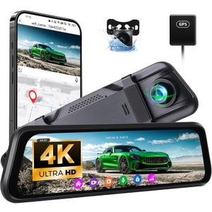 CAMECHO 9.66" 4K Mirror Dash Cam with ADAS, BSD and LCA, Rear View Mirror Camera with WiFi and GPS, Touch Screen Rearview Mirror Backup Camera, Night Vision, G-Sensor, Reverse Assist