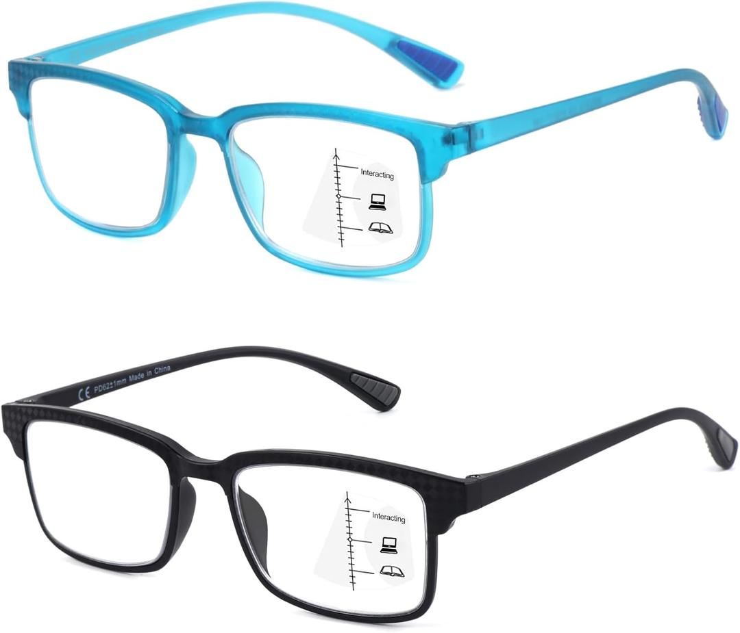 CARA 2 Pack Progressive Multifocus Reading Glasses for Men, Women Premium TR90 Frame Blue Light Blocking Computer Readers, 3ft Range Workspace (Top is not 0), 2.0 Black+Light blue