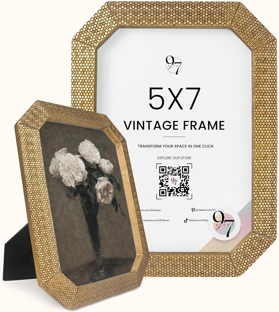 97 Decor 5x7 Vintage Picture Frames - 5 x 7 Picture Frame Antique, Ornate Gold Frames 5 x 7, Small 5x7 Picture Frame Wall Hanging For Home Decor