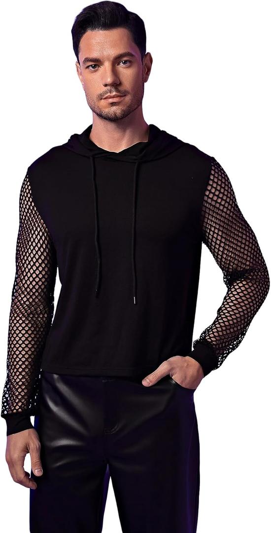WDIRARA Men's Fishnet Mesh Long Sleeve Drawstring Crop Hoodie Sweatshirt Pullover Small
