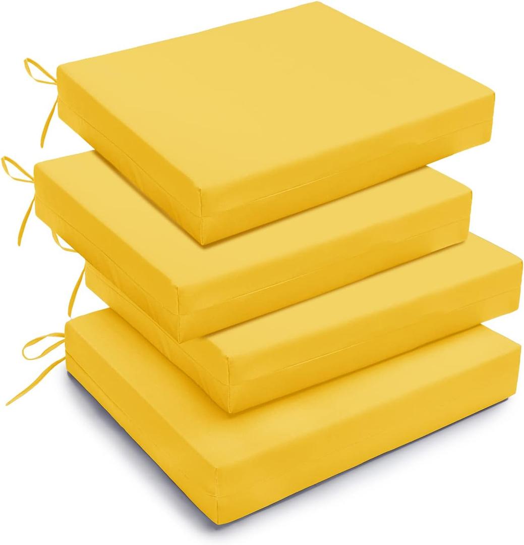 downluxe Outdoor Chair Cushions Set of 4 for Patio Furniture, Water-Resistant Square Corner Patio Chair Cushions with Ties, High Density Foam Outdoor Seat Cushion, 18.5" X 16" X 3", Yellow