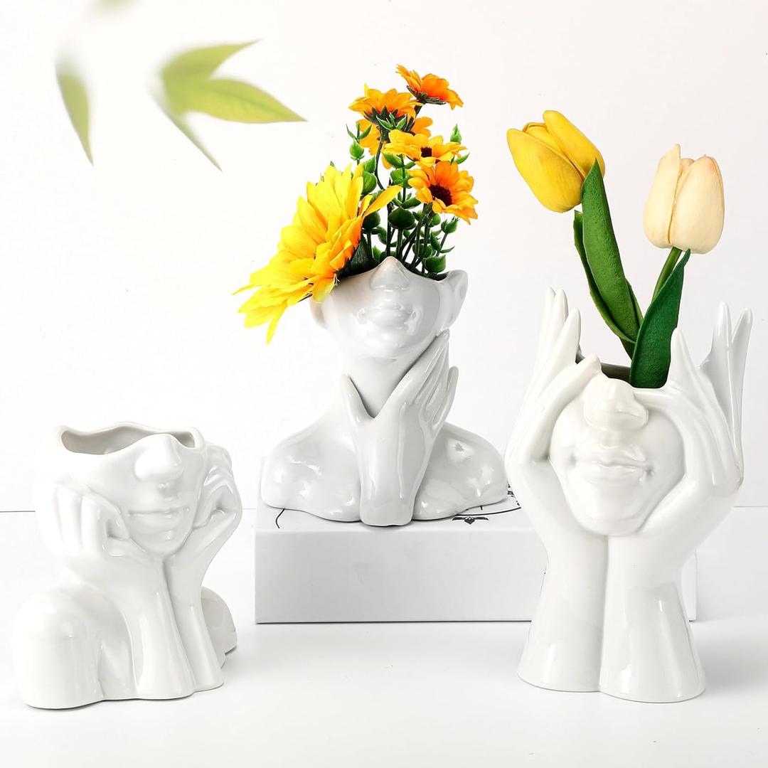 Sieral 9 Pcs Ceramic Face Vase Female Form Flower Modern Body Vase for Decor with Head Half Body Bust Centerpiece for Table Shelf Home Bedroom Room Office(Large,White)