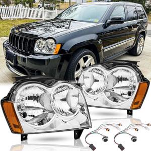 Headlights Assembly for 2005 2006 2007 Jeep Grand Cherokee Headlamps with Wiring Harness Replacement Driver and Passenger Side Pair (LH RH),Chrome Housing Amber Reflector