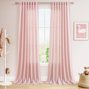 Nanspring Pink Linen Curtains 96 Inches Long 2 Panels Set for Baby Girl Bedroom Back Tab Rod Pocket Semi Sheer Light Filtering Drape for Bedroom Home Decor Protect Privacy 52x96