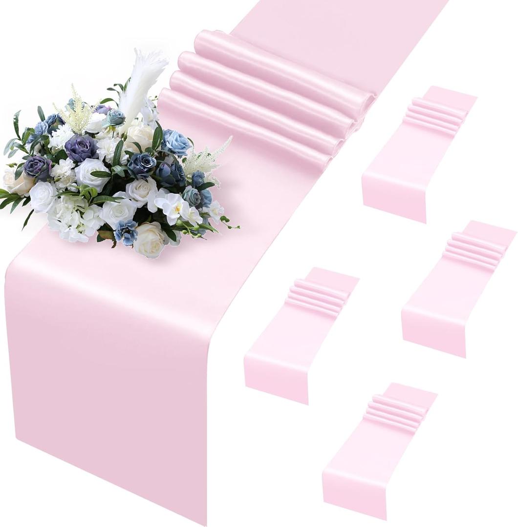 MILVOWOC 5 Pack Light Pink Satin Table Runners, 12 x 108 Inch Bright Satin Silk Table Runner Smooth Fabric Decorative Table Runner for Wedding Banquet Party Birthday Graduation