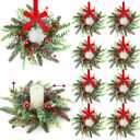 8 Pcs Christmas Candle Rings Wreaths Artificial Snowy Pine Cedar Red Berry Clusters Candle Rings Wreaths Mini Christmas Balls Wreath for Xmas Winter Front Door Window Decorations