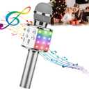 ShinePick Karaoke Microphone, 4 in 1 Wireless Microphone with LED Lights Handheld Portable Karaoke Machine, Home KTV Player, Compatible with Android & iOS Devices (Silver)