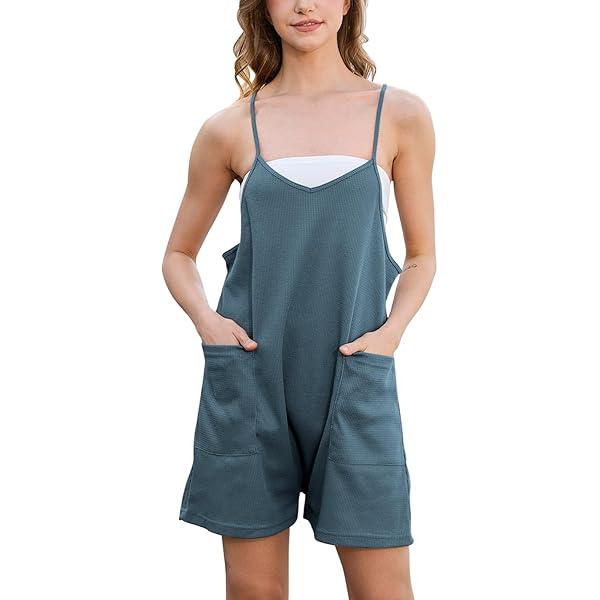 Rompers for Women Summer Casual Waffle Knit Sleeveless Romper Spaghetti Strap Shorts Overalls Jumpsuit with Pockets, Size: XL