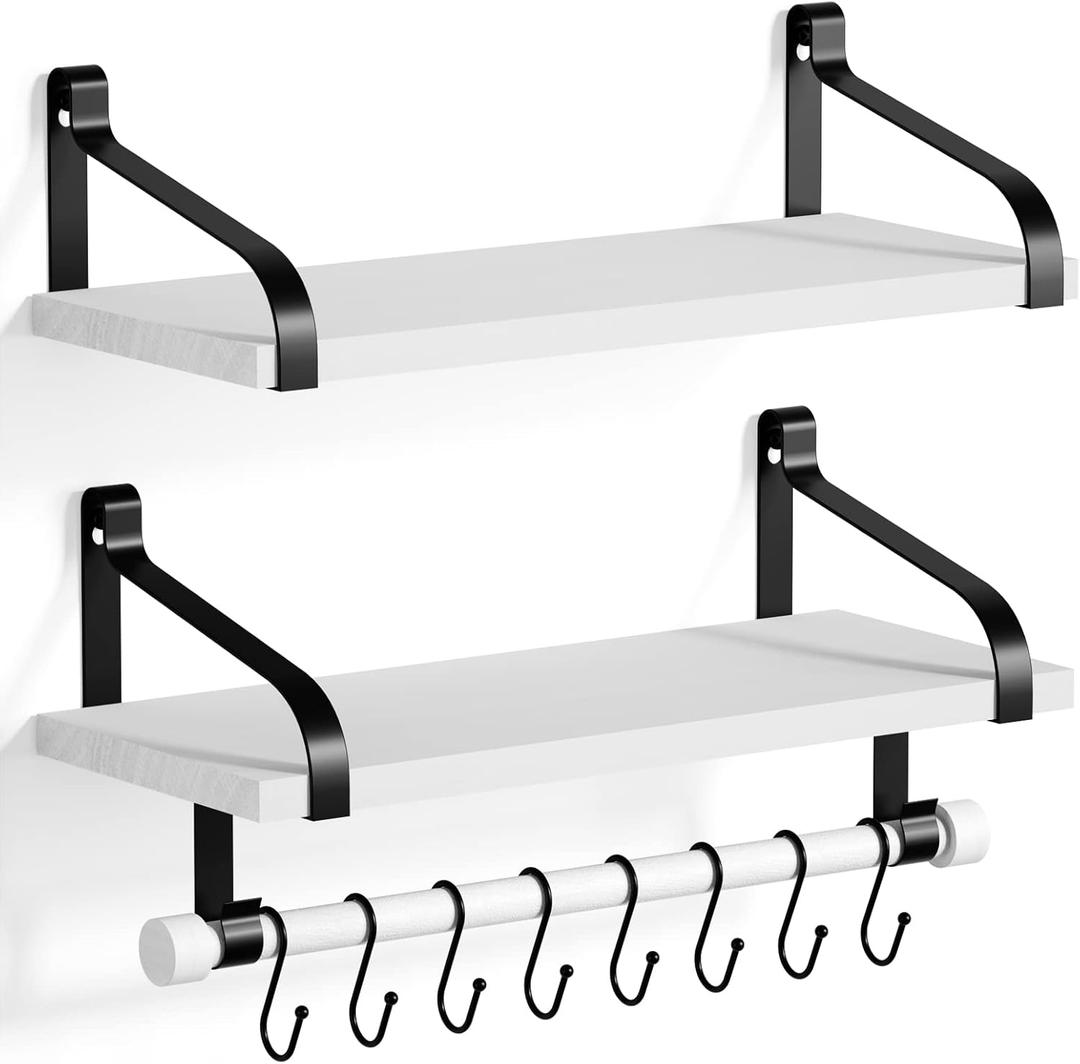 Love-KANKEI Floating Shelves for Coffee Bar,Bathroom Shelves with Wood Bar, Wall Shelves with 8 Hooks for Kitchen, 17.3 Inch Storage Shelves Set of 2 for Bedroom,Living RoomWhite