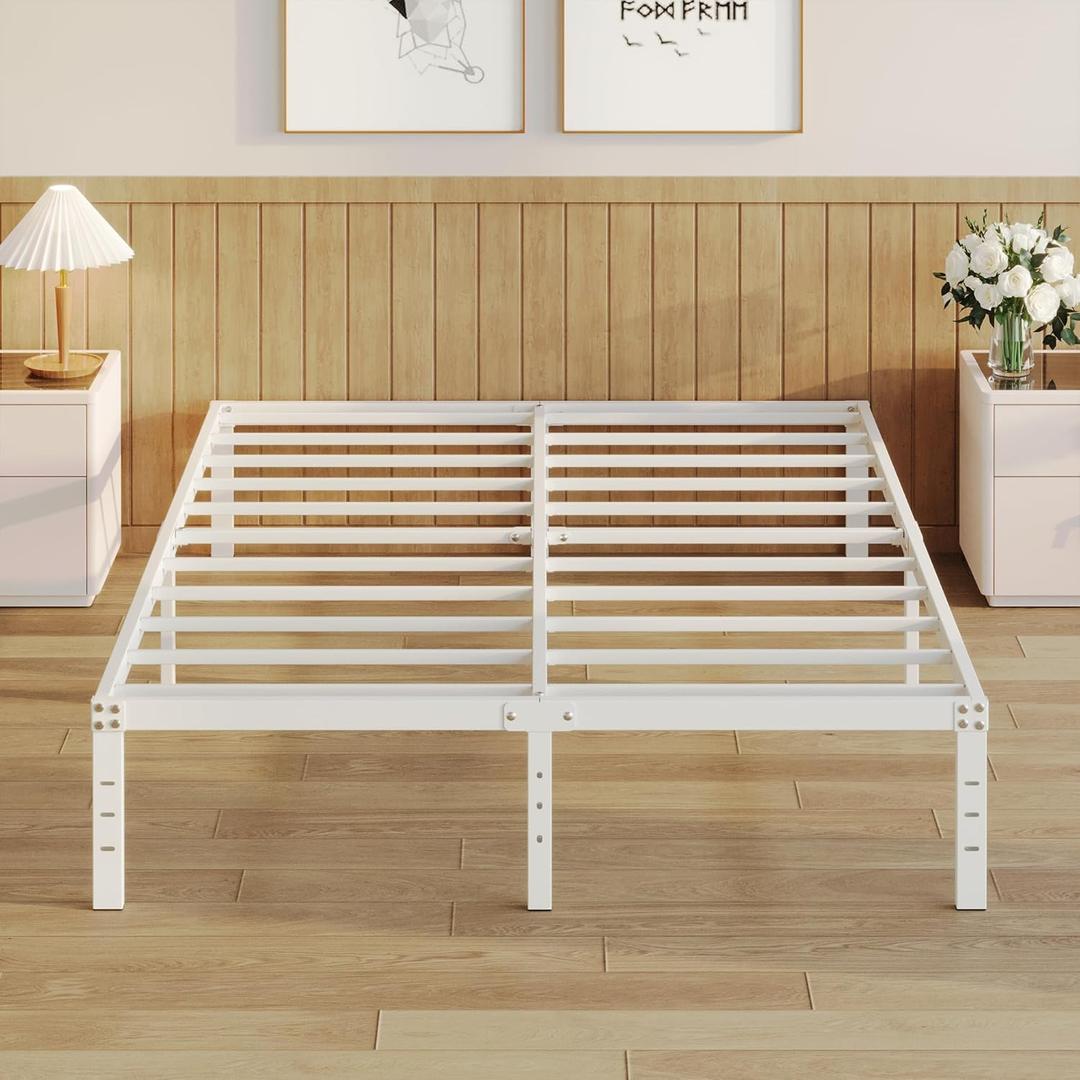 14 Inch Full Size Bed Frame No Box Spring Needed, Heavy Duty Metal Bed Frame Full with Large Underbed Storage Space, Noise Free, Easy Assembly, White