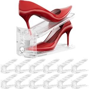 Neprock Shoe Slots Organizer for Closet,12 Pack Acrylic Shoe Stackers for A Pair of Shoes,3 Levels Adjustable Shoe Rack Storage Shoe Space Saver 50%(Clear, 12 Pack)