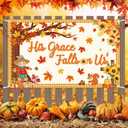 His Grace Fallis On Us Backdrop Fall Thanksgiving Banner Autumn Maple Leaves Pumpkin Fall Bulletin Board Decorations Fall Classroom Decorations Wall Decor Supplies 70.8 x 43.3 inch