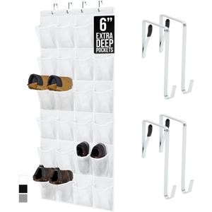GORILLA GRIP Over the Door Shoe Organizer, 24 Extra Large Breathable Mesh Pockets, Space Saving Hanging Storage Holder, 4 Hook Closet Rack Hanger, Hangs on Closets for Shoes and Accessories, White