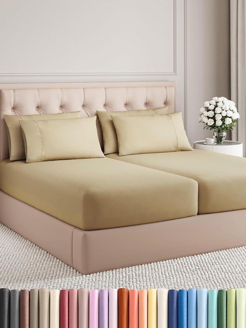 Split King 7 Piece Sheet Set - Comfy Breathable & Cooling - Ultra-Soft Hotel Luxury Bedding Set w/ 8-16 Inch Deep Pockets - 1 Flat & 2 Fitted Sheet & 4 Pillowcases - Wrinkle Free & Easy Care - Beige