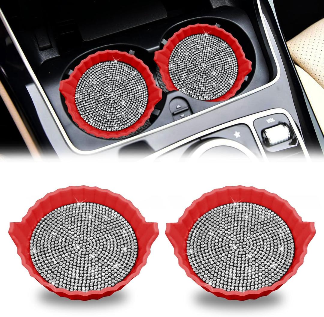 4 x Bling Car Cup Holder Coaster,Non-Slip Sparkly Crystal Rhinestone Car Cup Holder Coasters,Non-Slip Durable Car Coasters,Universal Car Cup Holder Insert (Red Whole Rhinestone, 2 Pack)
