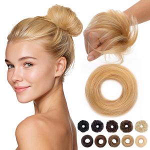 MY-LADY Messy Bun Hair Pieces Human Hair for Women Real Hairpiece Straight Scrunchies Tousled Updo Donut Chignon Ponytail Extension Ash Blonde & Bleach Blonde