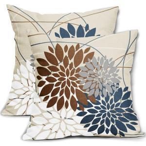 Brown Dark Blue Pillow Covers 18x18 Dahlia Flower White Gray Elegant Colored Throw Pillows Farmhouse Outdoor Decor for Home Living Room Sofa Bed Modern Floral Linen Square Cushion Case, Set of 2