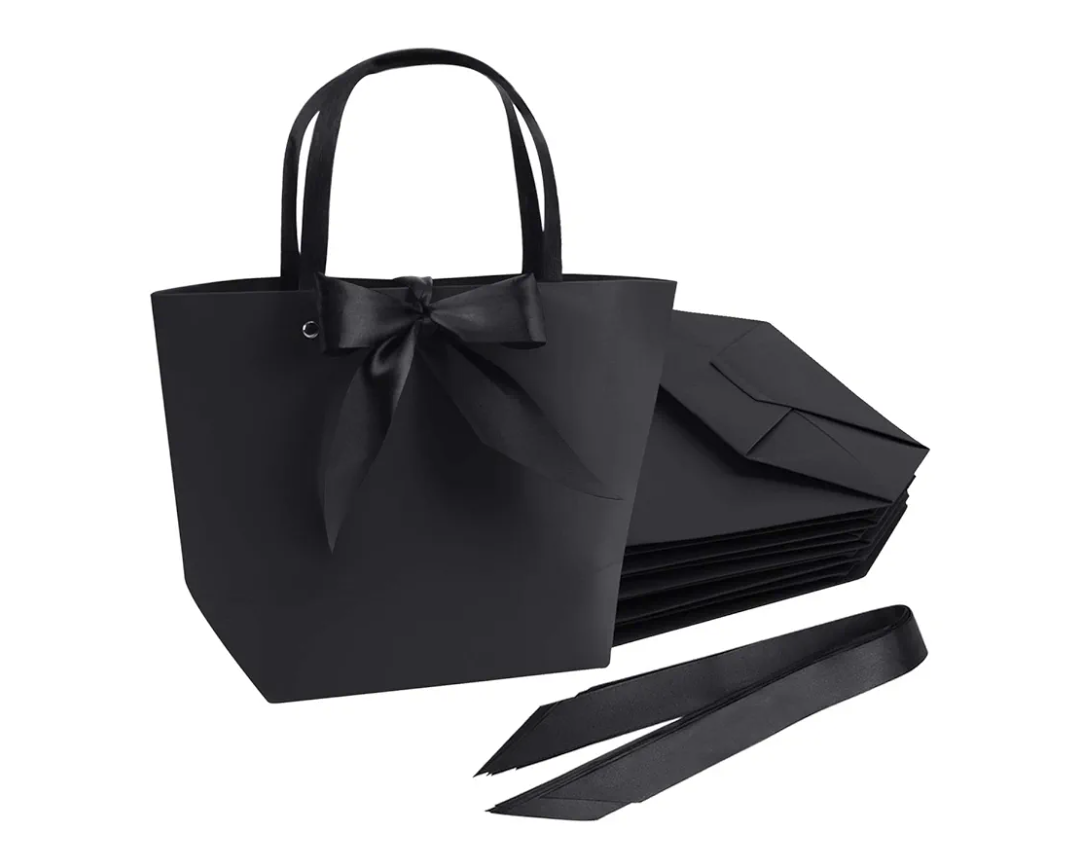 Paper Gift Bags with Handles-11 x 8 x 4 inch Paper Party Favor Bag Bulk with Bow Ribbon for Birthday Wedding/Bridesmaid Celebration/Craft/Business, Goody, Medium, Black and Pink 50pcs