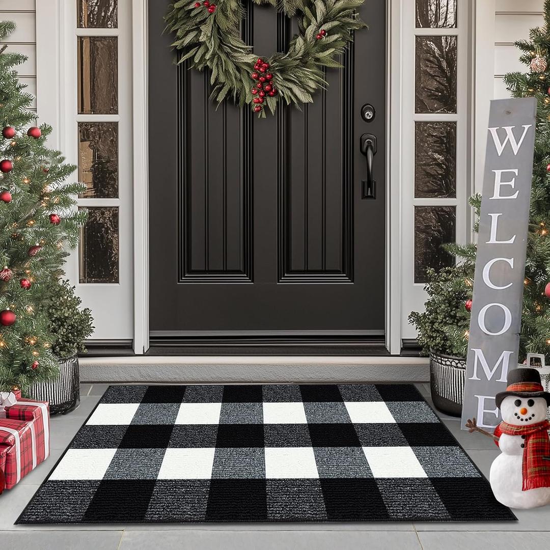 Buffalo Plaid Outdoor Rug, 20"x32" Checkered Front Door Mat, Non Slip Absorbent Entryway Rug Doormat, Washable Rugs for Layered Door Mats Porch/Front Porch/Farmhouse Black and White for Indoor/Outdoor (1'8" x 2'8" (Rectangular))