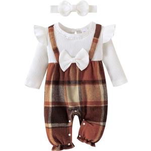 Baby Girl Clothes Fall Winter Outfits Ruffles Plaid Romper Long Sleeve Bodysuit One Piece Jumpsuit 0-18 Months (White)