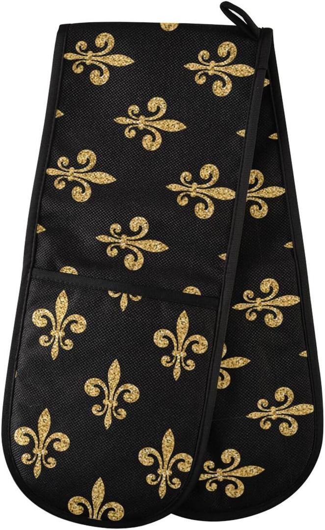 susiyo Double Oven Mitts Gold Glitter Fleur-de-lis Heat Resistant Oven Glove Extra Long Potholder for Kitchen Cooking Baking BBQ Microwave Handling Hots and Pans, 35x7 Inch