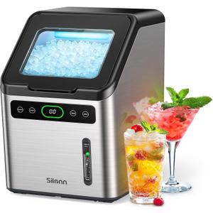 Silonn Countertop Nugget Ice Maker, 44lbs/Day Soft Chewable Pebble Ice, One-Click Self-Cleaning, Compact Ice Machine for Home Kitchen Office Party, Stainless Steel (Chrome)