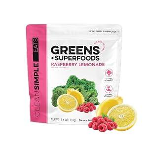 Clean Simple Eats Super Greens Powder, Naturally Flavored Greens Powder with Chlorella, Spirulina, Superfoods & Prebiotic Fiber, No Artificial Ingredients, Gluten Free, Raspberry Lemonade, 30 Srvgs