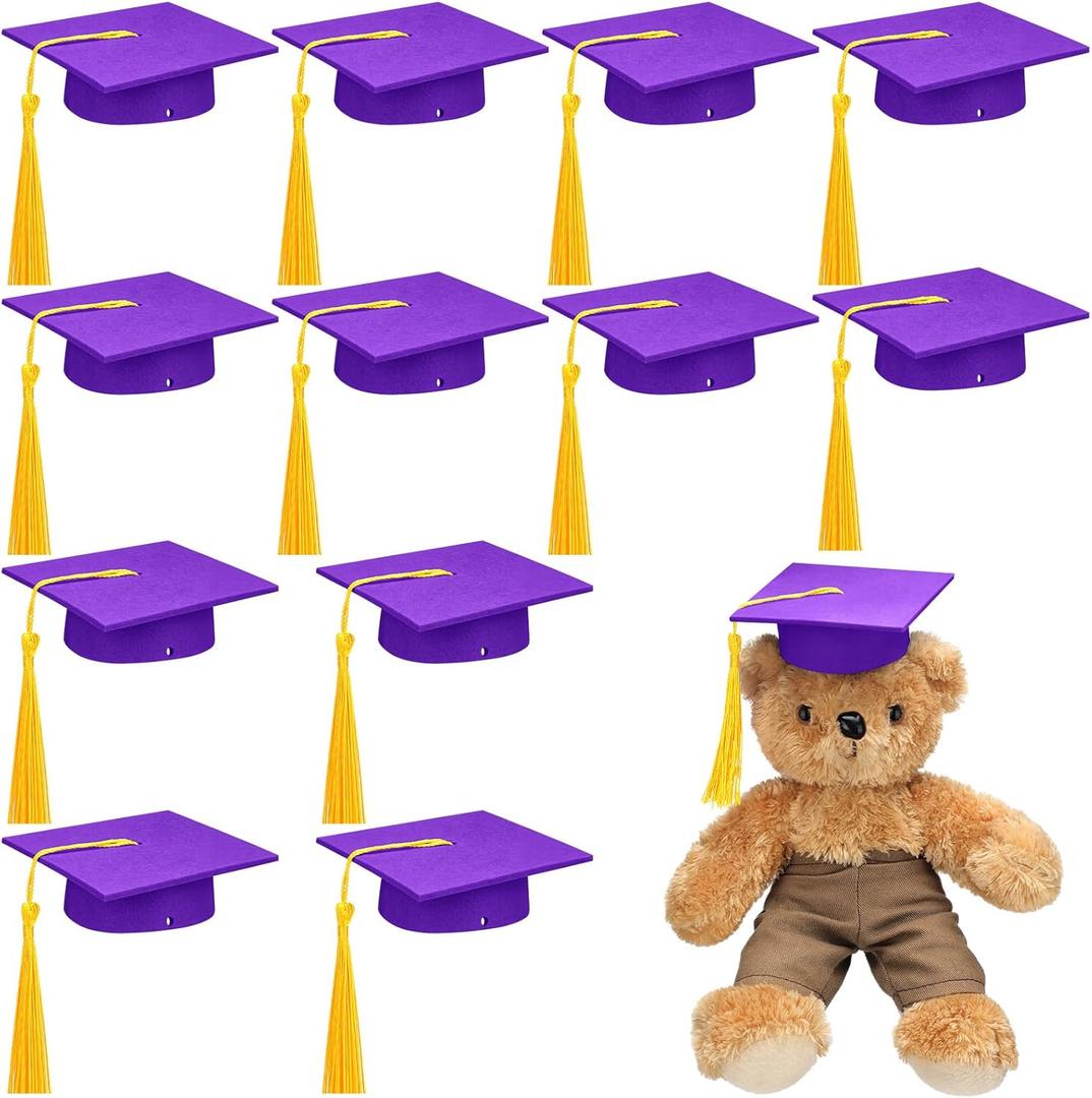 Foilswirl 12 Pcs Mini Graduation Cap with Tassel Mini Plush Mason Jar Small Animal Bachelor Hat Photo Prop Party Supply