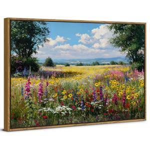 Wildflower Landscape Wall Art Flower Meadow Wall Decor Abstract Flowers Pictures Wall Decor Vintage Farmhouse Flower Field Canvas Prints Cottagecore Artwork for Bedroom Bathroom Home Decoration 16x24"