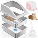Stainless Steel Litter Box for Pine Pellet Cat Non Clumping Litter System | XXL Sifting Cat Box with Lid for Big Cats | High Sided, Anti-Urine Leakage | Non-Stick Bottom (Silver Gray)