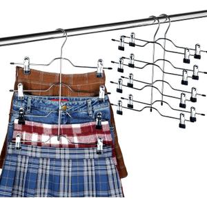 Szxc 2 Pack Skirt Pants Hangers with Adjustable Clips - 4 Tier Chrome with Black Vinyl - Non-Slip Durable - Closet Storage Organizer Space Saving (Pants Skirt Hangers (Set of 2)