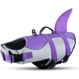 Queenmore Dog Life Jacket with Rescue Handle - Adjustable Reflective Dog Shark Life Vest for Large Dogs, Purple, L