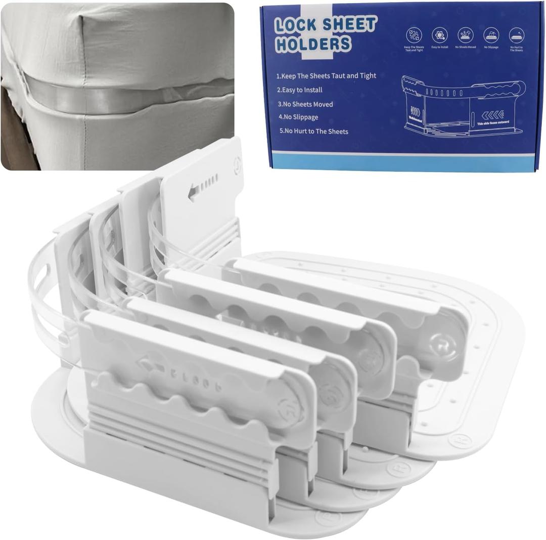 Bed Sheet Holder, Fitted Sheet Fasteners with Lock Strap-Keep Sheets Firm & Tight, Sheet Holders for Corners-Fits Mattress (6cm-15cm Thick), Large Size Bed Clips for Bedding Bed Sheet Holder, Fitted Sheet Fasteners with Lock Strap-Keep Sheets Firm & Tight, Sheet Holders for Corners-Fits Mattress (6cm-15cm Thick), Large Size Bed Clips for Bedding