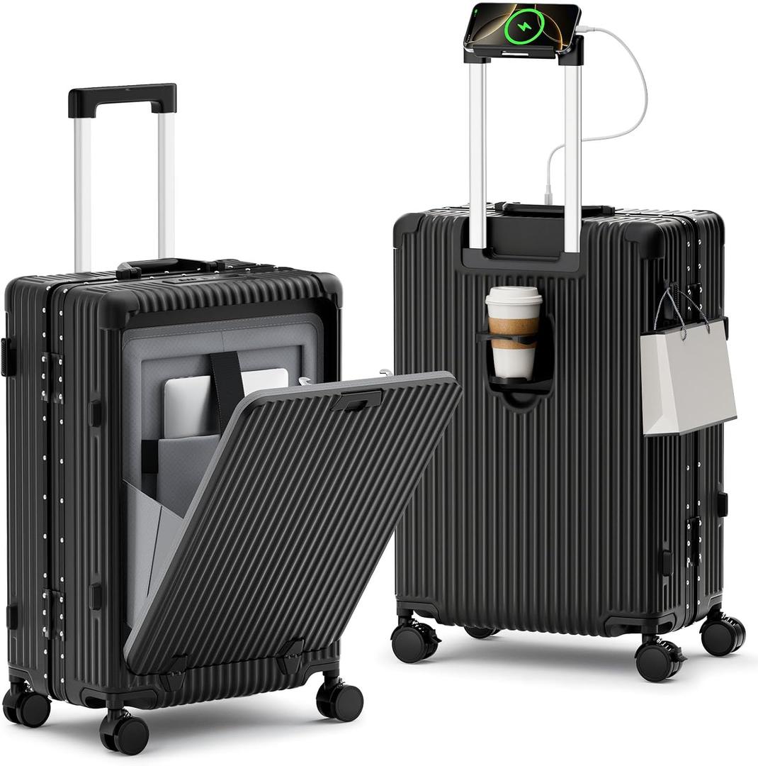 Carry on Luggage, Zipperless Suitcase, Front Pocket, Black, 20 in