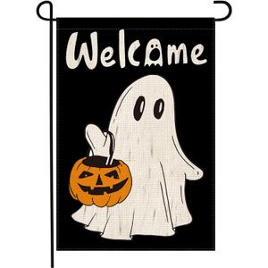 Doncida Halloween Garden Flag 12x18 Inch Double Sided Burlap Ghost Spooky Boo Halloween Pumpkin Small Yard Flag for Outside Decoration