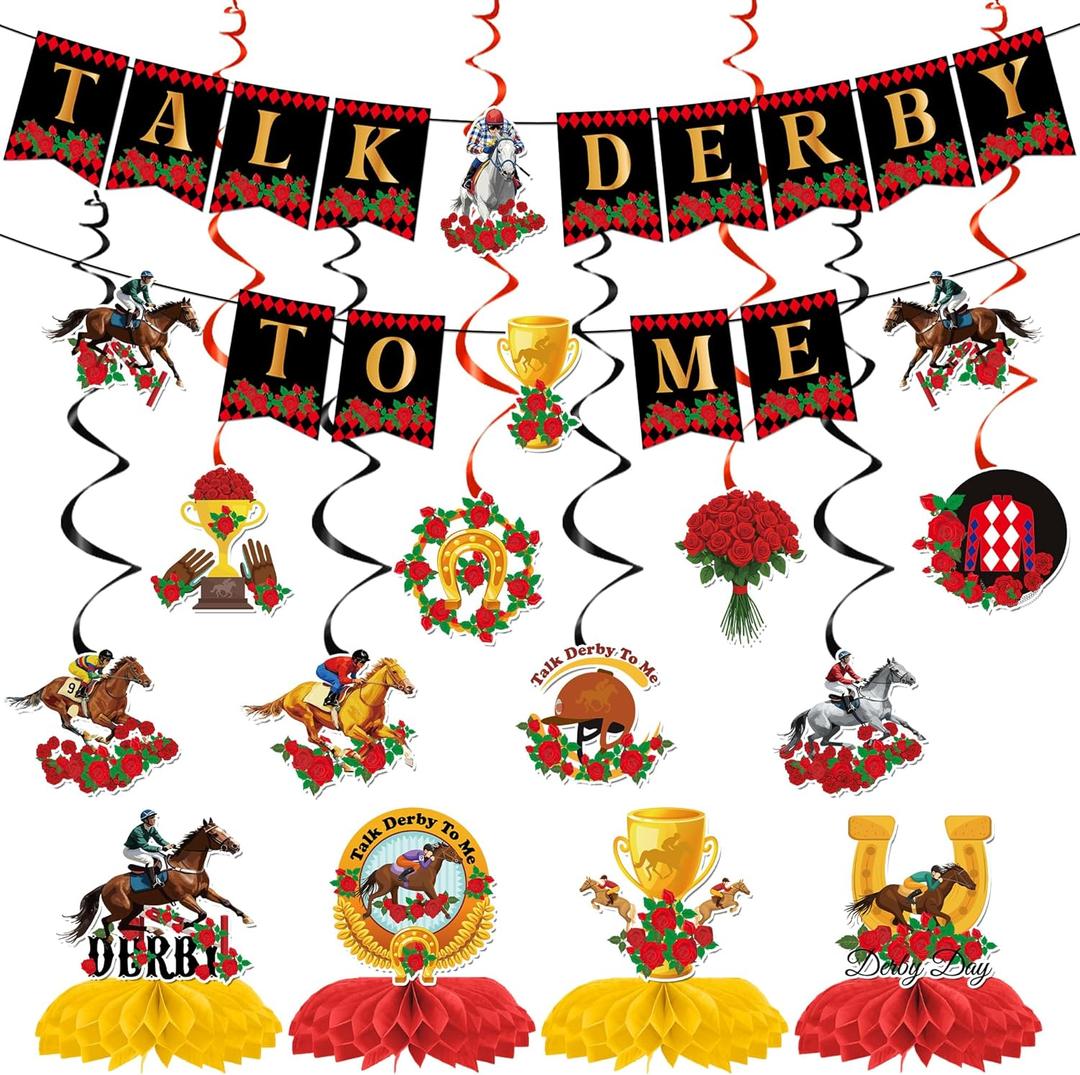 14 Pcs Derby Decorations, Horse Racing Party Pack with Banners Hanging Swirls & Honeycomb Centerpieces, Race Day Jockey Theme Party Supplies Decor