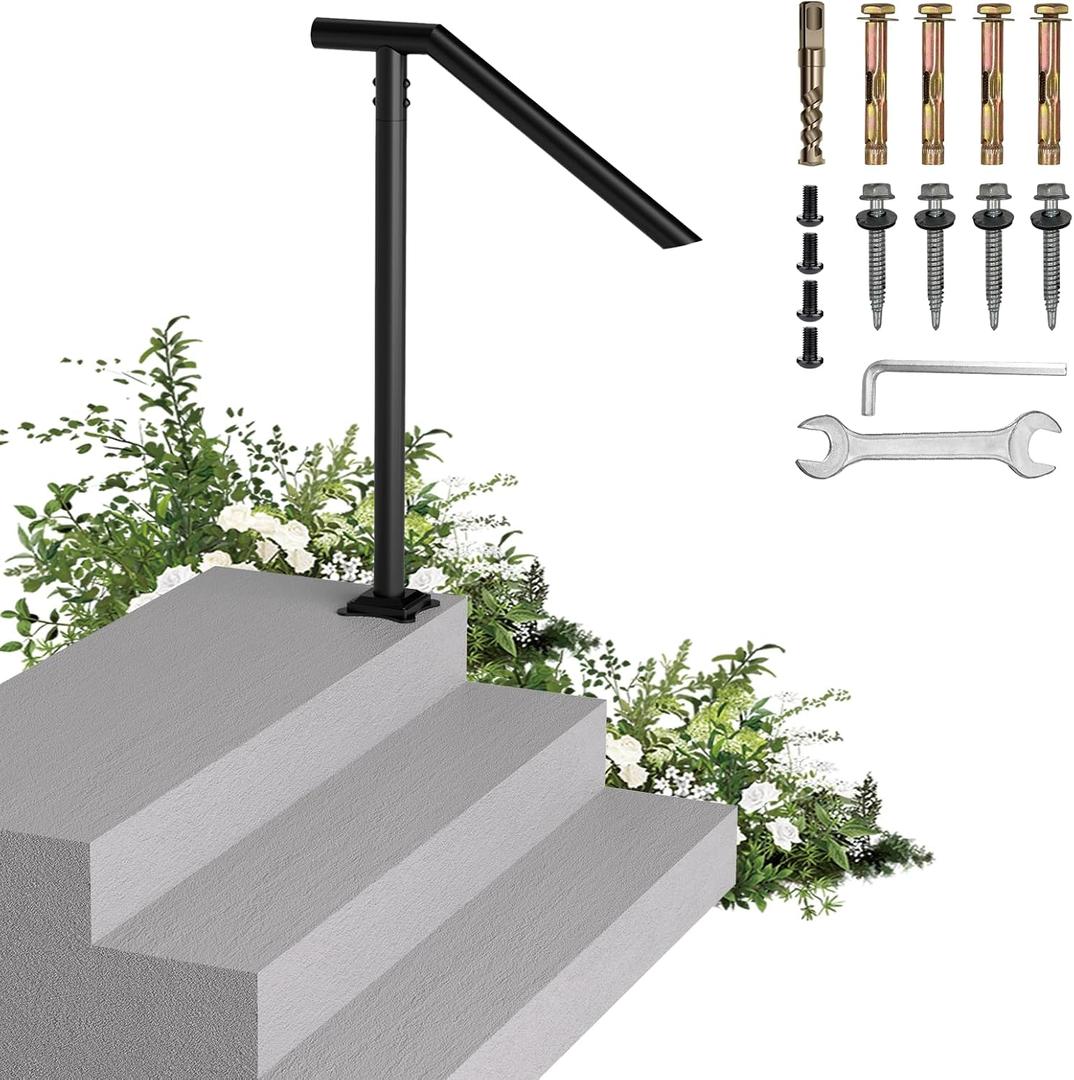 Handrails for Outdoor Steps, Single Post Wrought Iron Handrail for 1, 2, 3 Step, Outdoor Stair Rail Handrails with DIY Took Kit, 37" H Black Hand Rail Powder Coating for Concrete Steps or Wood Stairs