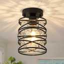 Mini Flush Mount Ceiling Light Fixture Matte Black Spiral Cage Kitchen Island Lights Handblown Clear Hammered Seeded Glass Shade Farmhouse Chandeliers for Dining Room Entryway Porch Foyer