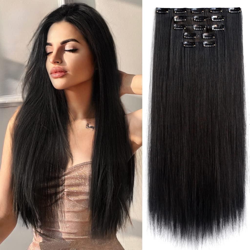 StrRid Natural Black Clip in Extensions Straight 22" Long Synthetic Thick Clips on Hair Piece for Women 5PCS Black Curly Wavy 18" Cheap Brown Red White Soft Full Head Weddings Party Daily Use 5 Oz