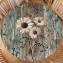 Spring Rustic Daisy Round Fitted Tablecloth with Elastic Edge Vintage Farmhouse Sunflowers Circle Table Cloth 40-44 Inch Shabby Chic Flower Barn wood Table Cover Washable for Kitchen Dining Decor