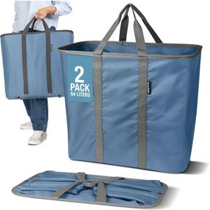 CleverMade Collapsible Laundry Caddy Foldable Laundry Hamper & Tote, XXL 64L Pop-Up Laundry Basket with Handles, Space-Saving Laundry Organizer for Home, Dorm, Closet & Travel, 2 Pack - Denim Gray