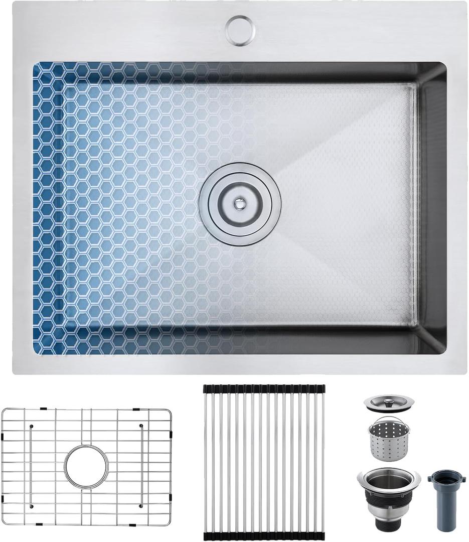 22x18x9 Inch Kitchen Sink, Handmade 304 Stainless Steel Single Bowl with a Hexagonal Pattern, R10 Tight Radius, Drop in Kitchen Sink with Strainer,Bottom Grid & Roll-up Rack
