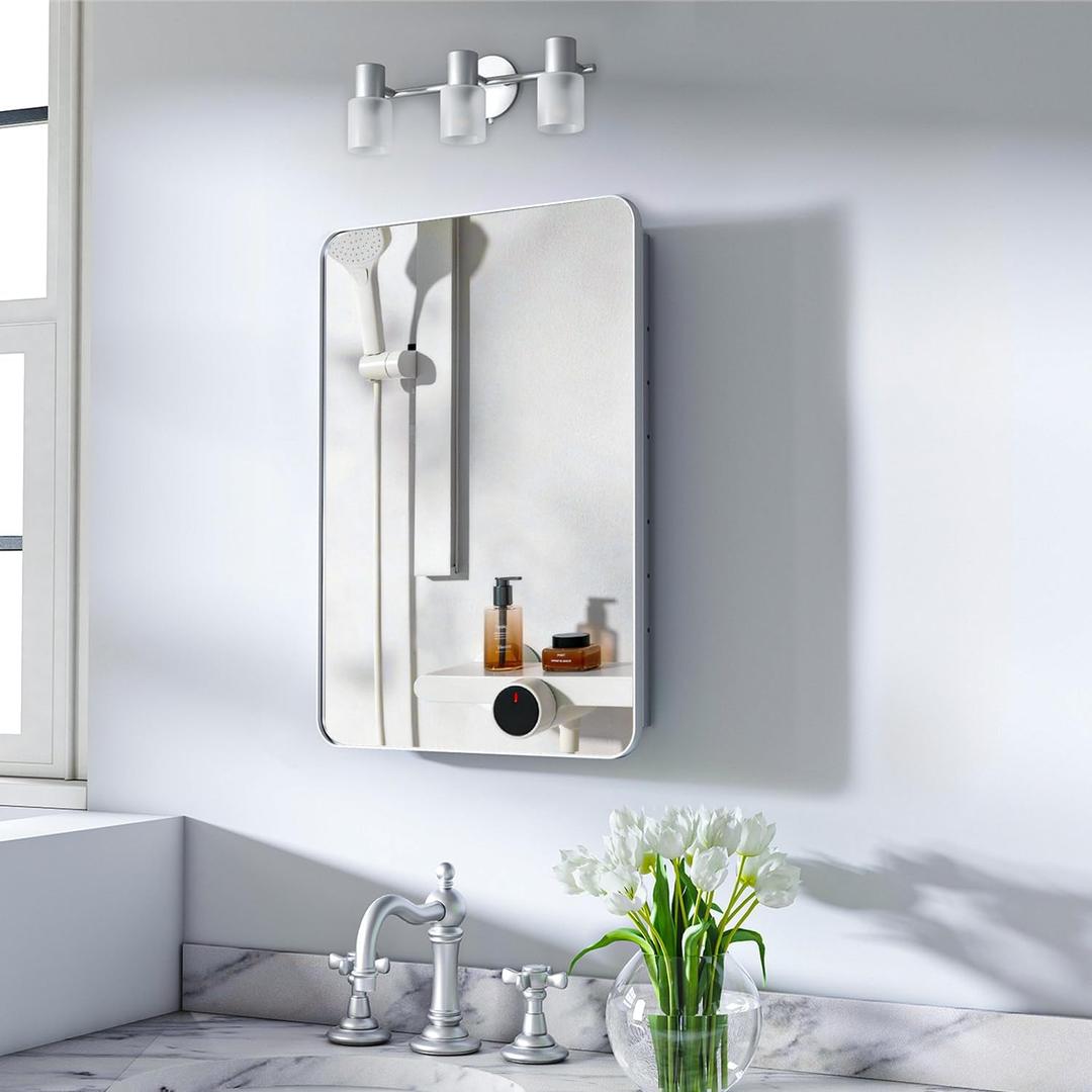 16x24 Inch Medicine Cabinet with Mirror for Bathroom, Silver Aluminum Bathroom Medicine Cabinet, Recessed or Wall Mount Medicine Chest Over Sink, Modern Farmhouse Style, Fully Assembled