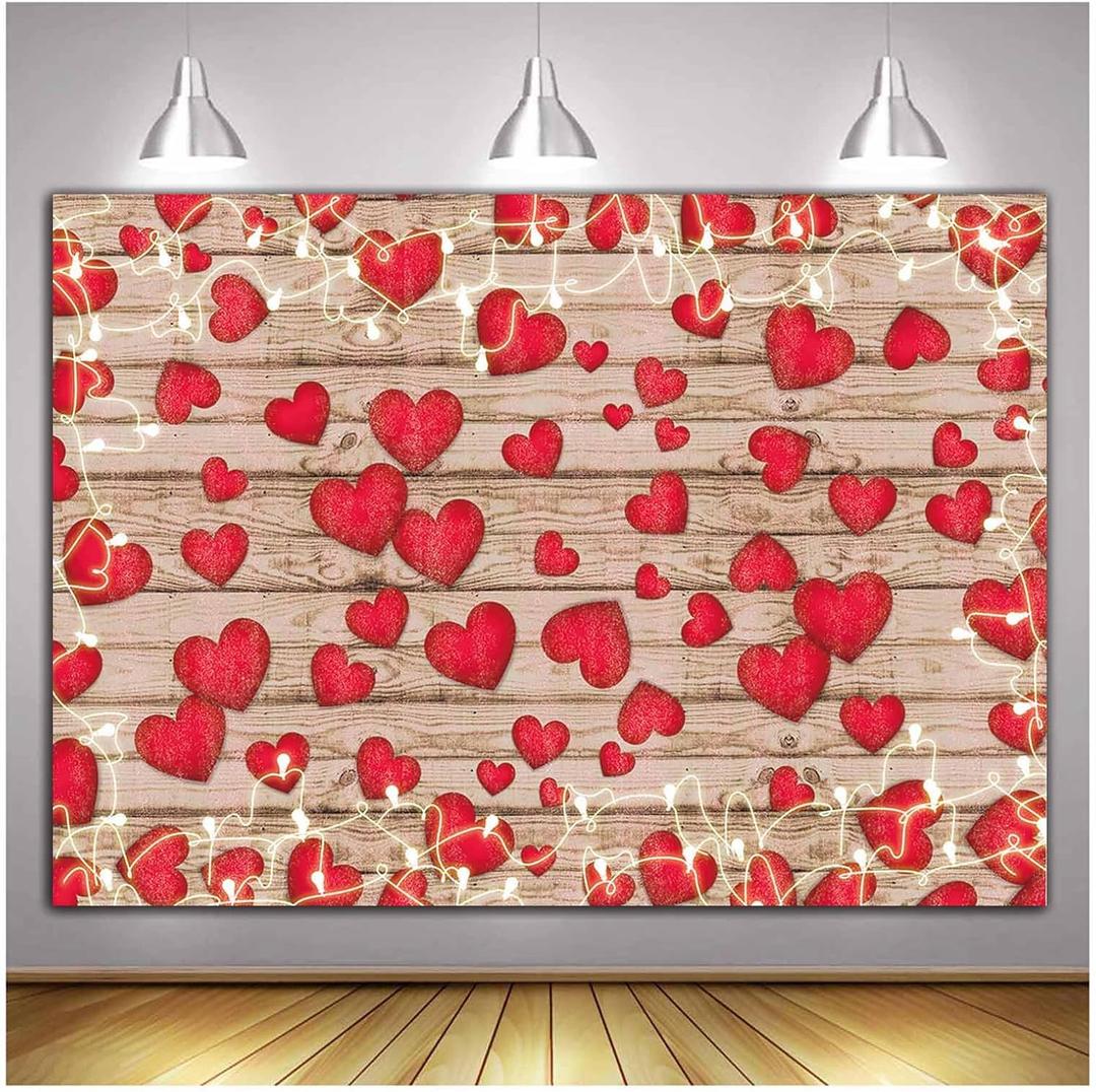 Vintage Rustic Wood Glitter Glow Red Love Heart Valentine's Day Theme Photography Backdrop Wedding Anniversary Bridal Shower Mother's Day Photo Background Couple Studio Shoot Props Supplies 10x8ft