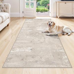 Abstract Kitchen Runner Rug 4x8 - Washable Wide Rugs for Hallway Bedroom Laundry Low Pile Stain Resistant Entryway Dining Room Carpet with Non Slip Backing Modern Decoration Mat 4x8 Beige
