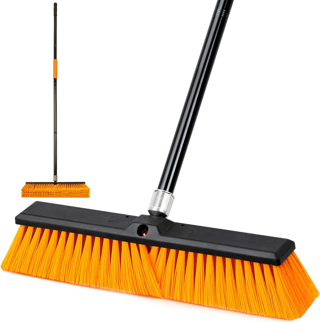 DSV Standard 18 Push Broom Outdoor Heavy Duty with 59.4 Long Handle, Industrial Broom with Stiff Bristles, Floor Broom for Cleaning Patio Garage Shop Deck Concrete Wood Stone Tile Floor